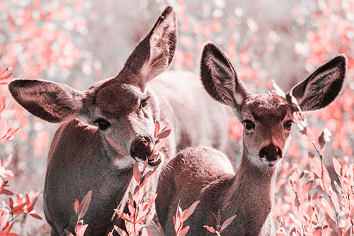 Two Mule Deer Enjoying Leafy Breakfast (Red Tone)