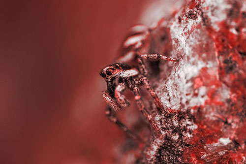 Vertical Perched Jumping Spider Extends Fangs (Red Tone Photo)
