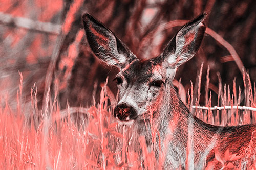 White Tailed Deer Sitting Among Tall Grass (Red Tone Photo)