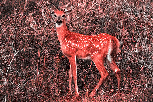 White Tailed Spotted Deer Stands Among Vegetation (Red Tone Photo)