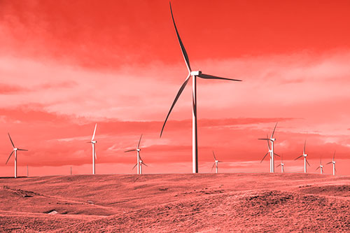 Wind Turbine Cluster Scattered Across Land (Red Tone Photo)