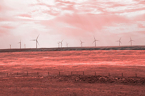 Wind Turbines Scattered Along The Prairie Horizon (Red Tone Photo)
