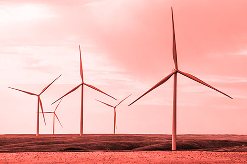 Wind Turbines Standing Tall On Green Pasture (Red Tone Photo)
