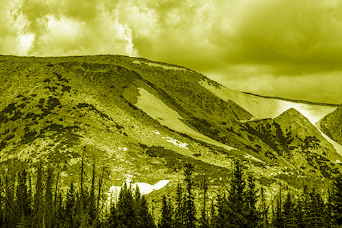 Clouds Cover Melted Snowy Mountain Range (Yellow Shade Photo)
