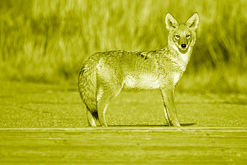 Crossing Coyote Glares Across Bridge Walkway (Yellow Shade Photo)