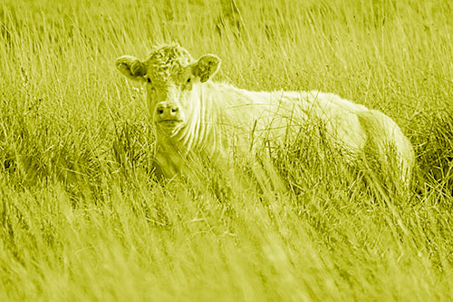 Curious Cow Awakens From Nap (Yellow Shade Photo)