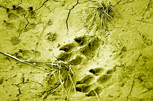 Dog Footprints On Dry Cracked Mud (Yellow Shade Photo)