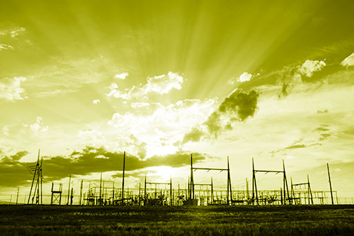 Electrical Substation Sunset Bursting Through Clouds (Yellow Shade Photo)
