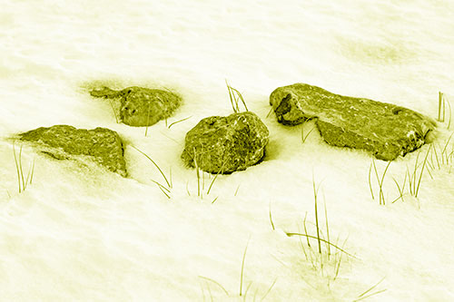 Four Big Rocks Buried In Snow (Yellow Shade Photo)