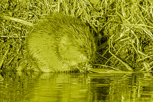 Hungry Muskrat Chews Water Reed Grass Along River Shore (Yellow Shade Photo)