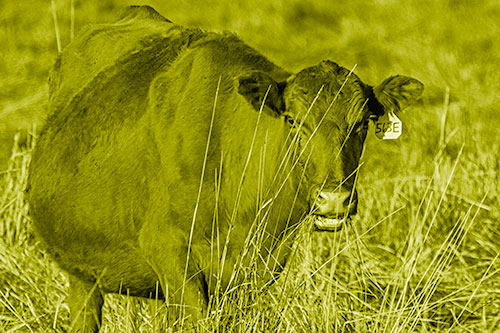 Hungry Open Mouthed Cow Enjoying Hay (Yellow Shade Photo)