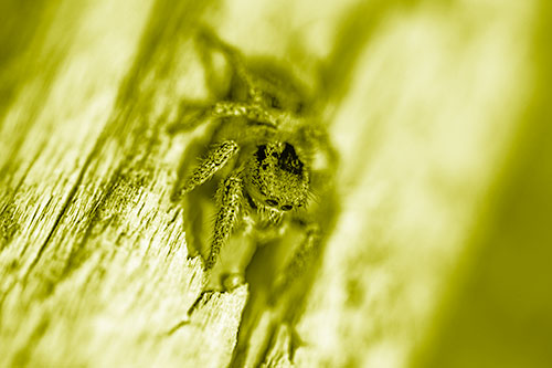 Jumping Spider Perched Among Wood Crevice (Yellow Shade Photo)