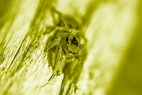 Jumping Spider Perched Among Wood Crevice (Yellow Shade)