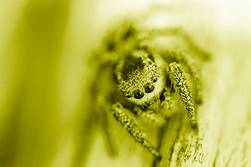 Jumping Spider Resting Atop Wood Stick (Yellow Shade Photo)