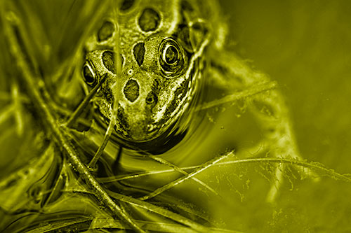 Leopard Frog Stares Among Shoreline Water (Yellow Shade Photo)