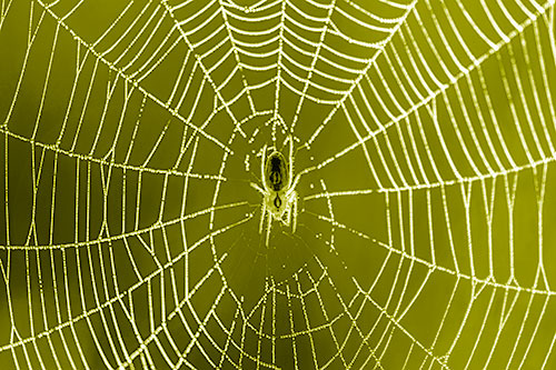 Orb Weaver Spider Rests Among Web Center (Yellow Shade Photo)