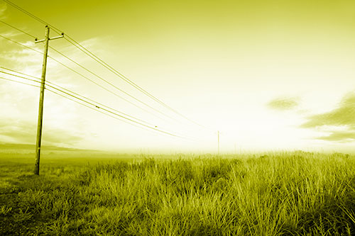 Powerlines Descend Among Foggy Prairie (Yellow Shade Photo)