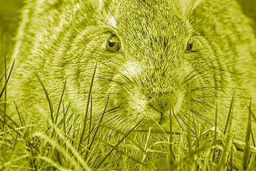 Resting Bunny Rabbit Watches Closely Among Grass Blades (Yellow Shade)