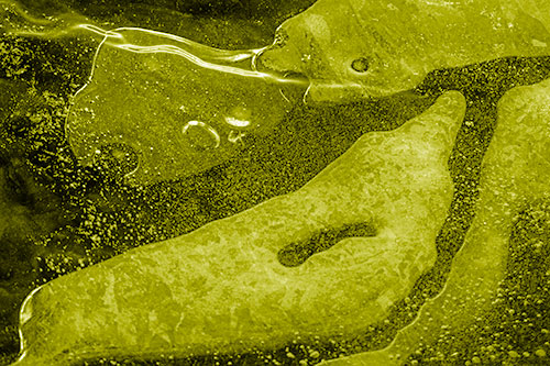 Scared River Ice Face Separating Among Frigid Water (Yellow Shade Photo)