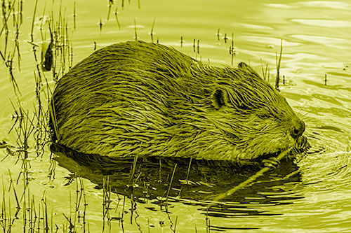 Sitting Beaver Nibbles Branch Along Shallow Rivershore (Yellow Shade)