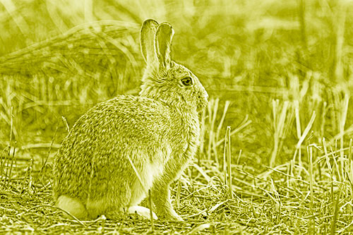 Sitting Bunny Rabbit Among Broken Plant Stems (Yellow Shade Photo)