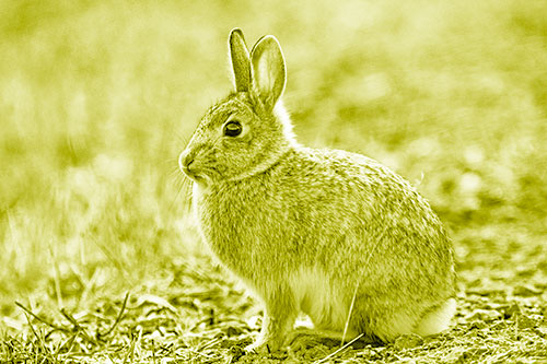 Sitting Bunny Rabbit Perched Beside Grass Blade (Yellow Shade Photo)