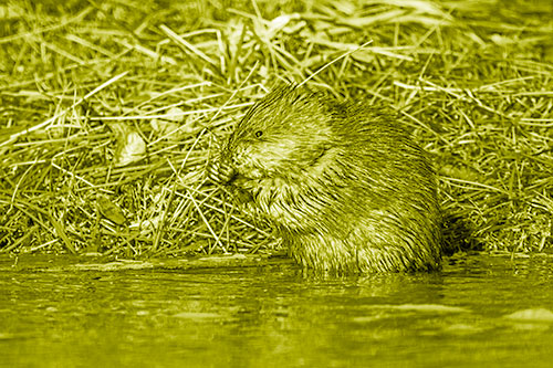 Soaked Muskrat Nibbles Grass Along River Shore (Yellow Shade Photo)