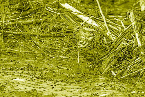 Song Sparrow Peeking Around Sticks (Yellow Shade Photo)