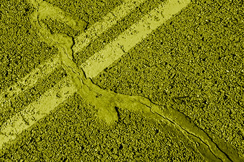 Tar Creeping Over Sidewalk Pavement Lane Marks (Yellow Shade Photo)
