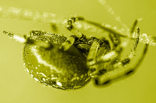 Upside Down Furrow Orb Weaver Spider Crawling Along Stem (Yellow Shade Photo)