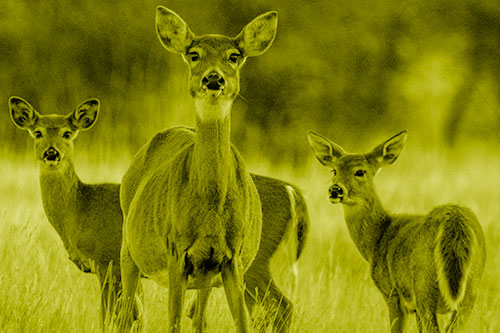 White Tailed Deer Trio Watch Among Wheatgrass (Yellow Shade)