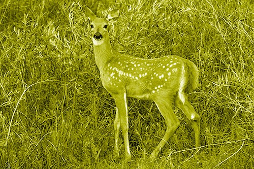 White Tailed Spotted Deer Stands Among Vegetation (Yellow Shade Photo)