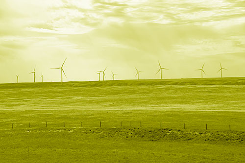 Wind Turbines Scattered Along The Prairie Horizon (Yellow Shade Photo)