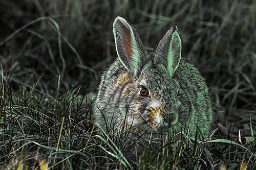 Bunny Rabbit Lying Down Among Grass (Yellow Tint Photo)