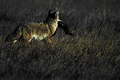 Coyote Heads Towards Forest Carrying Dead Animal Carcass (Yellow Tint Photo)