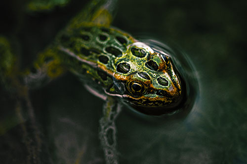 Curious Leopard Frog Peeking Head Above Water (Yellow Tint Photo)