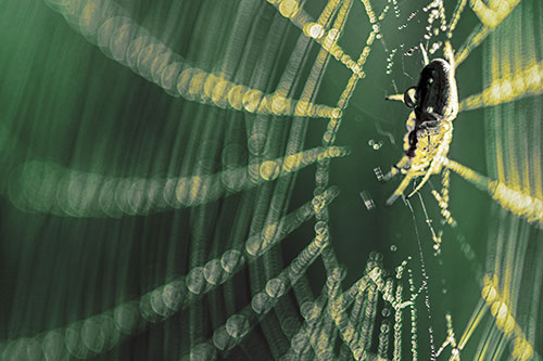 Dewy Orb Weaver Spider Hangs Among Web (Yellow Tint Photo)