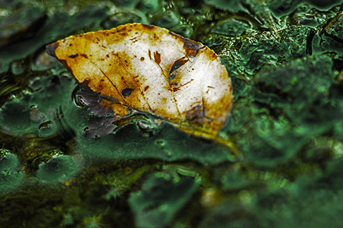 Floating Leaf Face Smirking Among Algae (Yellow Tint Photo)
