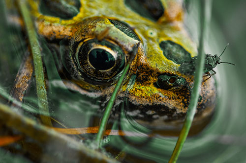 Fly Standing Atop Leopard Frogs Nose (Yellow Tint Photo)