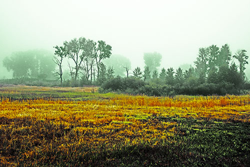 Fog Lingers Beyond Tree Clusters (Yellow Tint)