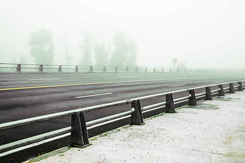 Fog Surrounds Deserted Sidewalk Roadway (Yellow Tint Photo)