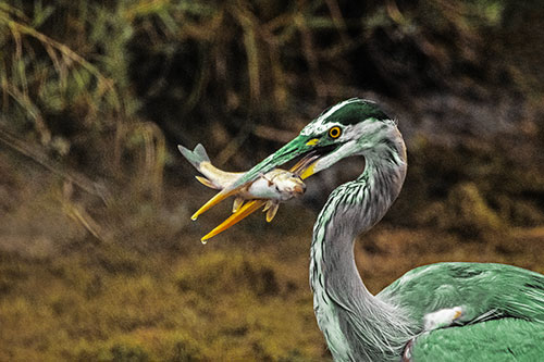 Great Blue Heron Clamps Trout Fish Between Beak (Yellow Tint)