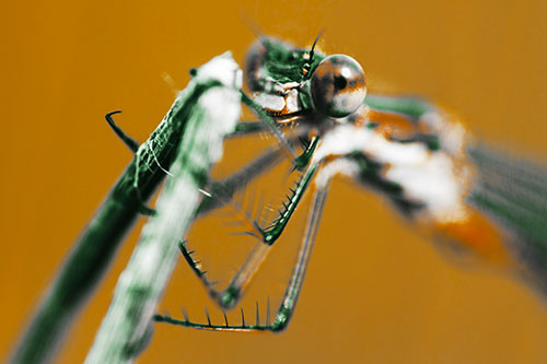 Happy Faced Damselfly Clings Onto Broken Stick (Yellow Tint)