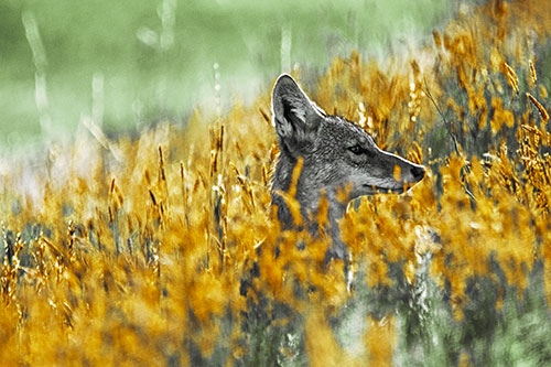 Hidden Coyote Watching Among Feather Reed Grass (Yellow Tint Photo)