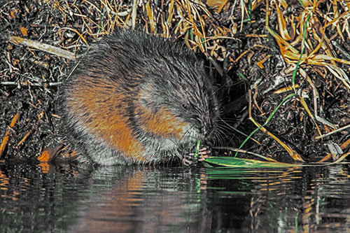 Hungry Muskrat Chews Water Reed Grass Along River Shore (Yellow Tint Photo)