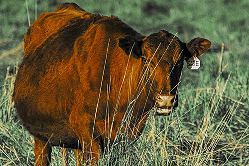 Hungry Open Mouthed Cow Enjoying Hay (Yellow Tint)