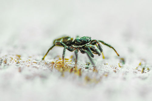 Jumping Spider Crawling Along Flat Terrain (Yellow Tint Photo)