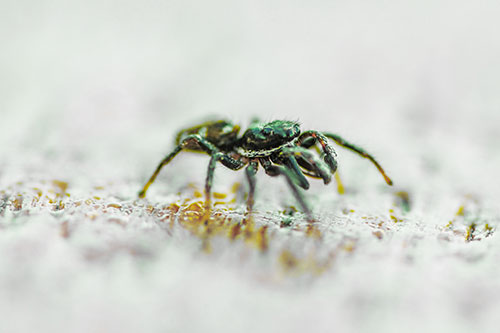 Jumping Spider Crawling Along Flat Terrain (Yellow Tint)