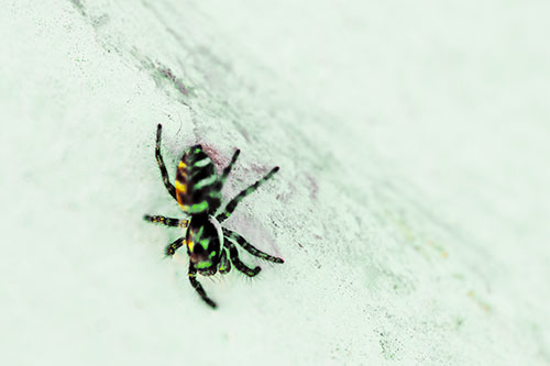 Jumping Spider Crawling Down Wood Surface (Yellow Tint Photo)