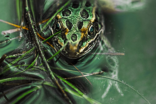 Leopard Frog Hiding Among Submerged Grass (Yellow Tint Photo)